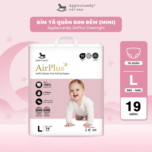 Bỉm tã quần đêm Applecrumby Airplus Overnight Mini Pull Ups size L - 19 miếng (9 - 13kg)