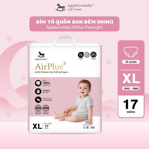 Bỉm tã quần đêm Applecrumby Airplus Overnight Mini Pull Ups size XL - 17 miếng (12 - 18kg)