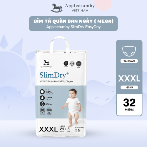 Bỉm tã quần ngày Applecrumby Slimdry Easyday Mega Pull Ups size XXXL - 24+8 miếng (trên 25kg)
