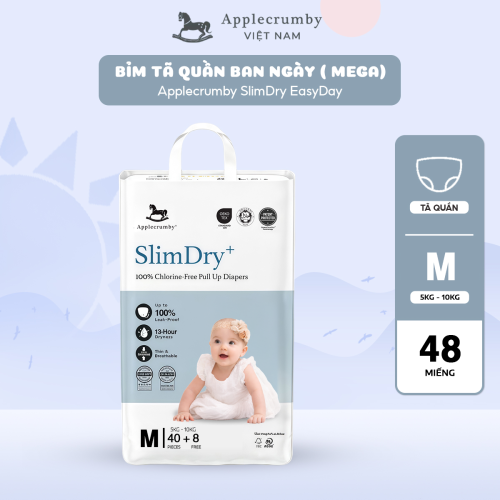 Bỉm tã quần ngày Applecrumby Slimdry Easyday Mega Pull Ups size M - 40+8 miếng (5-10kg)