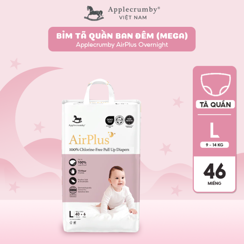 Bỉm tã quần đêm Applecrumby Airplus Overnight Mega Pull Ups size L - 40+6 miếng (9 - 14kg)