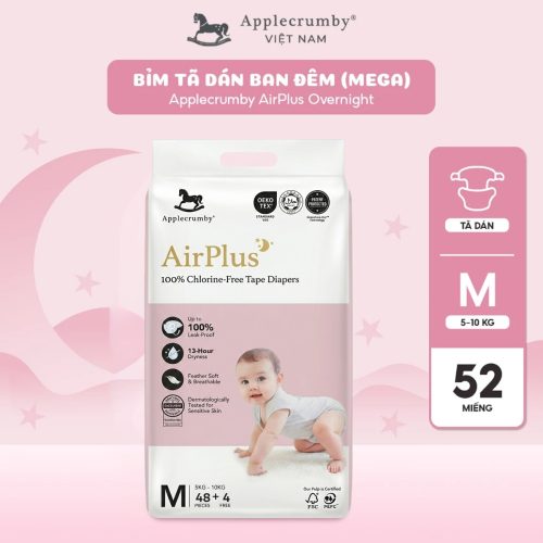Bỉm tã dán đêm Applecrumby Airplus Overnight Mega Tape size M - 52 miếng (5 - 10kg)
