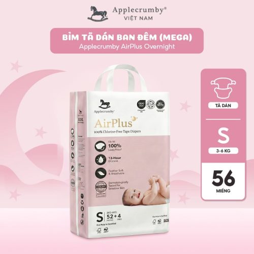 Bỉm tã dán đêm Applecrumby Airplus Overnight Mega Tape size S - 52+4 miếng (3 - 6kg)