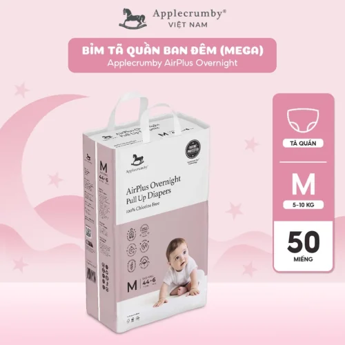 Bỉm tã quần đêm Applecrumby Airplus Overnight Mega Pull Ups size M - 44+6 miếng (5 - 10kg)