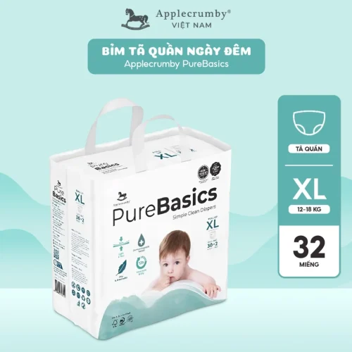 Bỉm tã quần ngày đêm Applecrumby Purebasics Diapers Pull Ups size XL - 30+2 miếng (12-18kg)