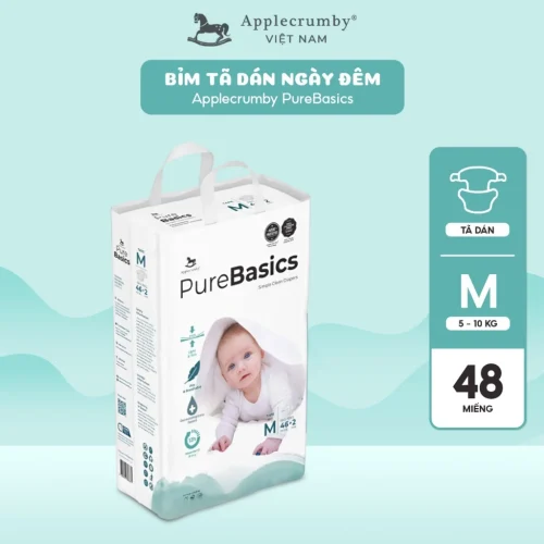 Bỉm tã dán ngày đêm Applecrumby Purebasics Diapers Tape size M - 46+2 miếng (5-10kg)