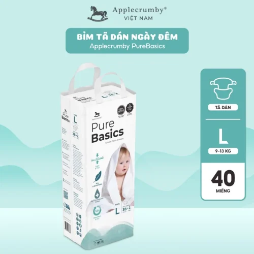 Bỉm tã dán ngày đêm Applecrumby Purebasics Diapers Tape size L - 38+2 miếng (9-13kg)
