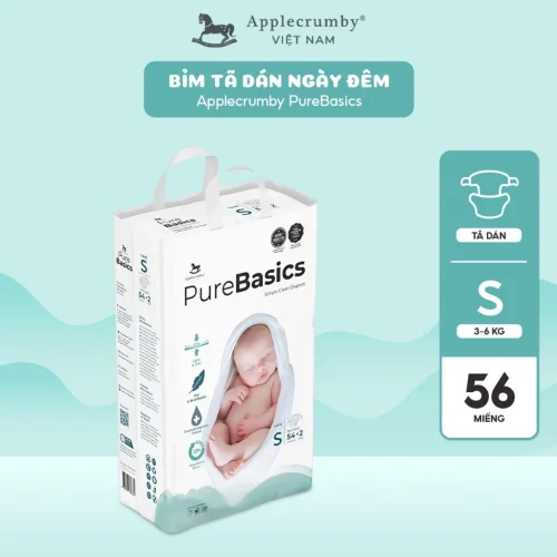 Bỉm tã dán ngày đêm Applecrumby Purebasics Diapers Tape size S - 54+2 miếng (3-6kg)