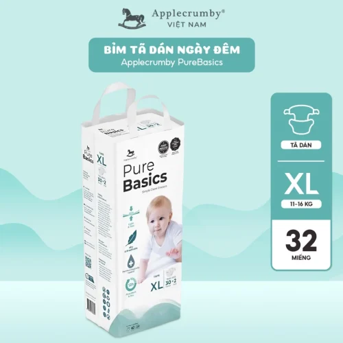 Bỉm tã dán ngày đêm Applecrumby Purebasics Diapers Tape size XL - 30+2 miếng (11-16kg)
