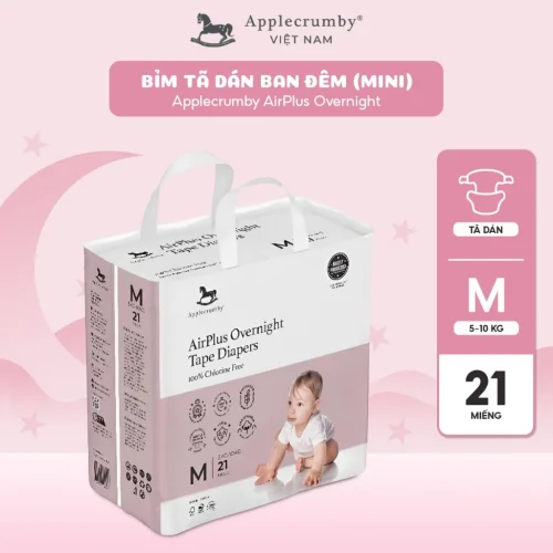 Bỉm tã dán đêm Applecrumby Airplus Overnight Mini Tape size M - 21 miếng (5 - 10kg)