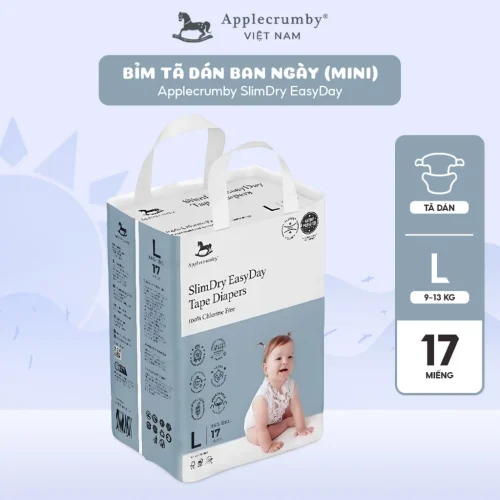 Bỉm tã dán ngày Applecrumby Slimdry Easyday Mini Tape size L - 17 miếng (9 - 13kg)