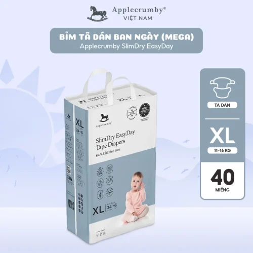 Bỉm tã dán ngày Applecrumby Slimdry Easyday Mega Tape size XL - 34+6 miếng (11-16kg)
