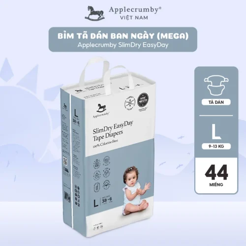 Bỉm tã dán ngày Applecrumby Slimdry Easyday Mega Tape size L - 38+6 miếng (9-13kg)